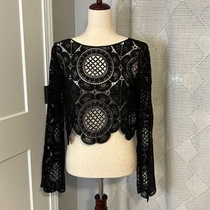 Black Crochet Top - Bell Sleeves - Size XS - Lord & Taylor